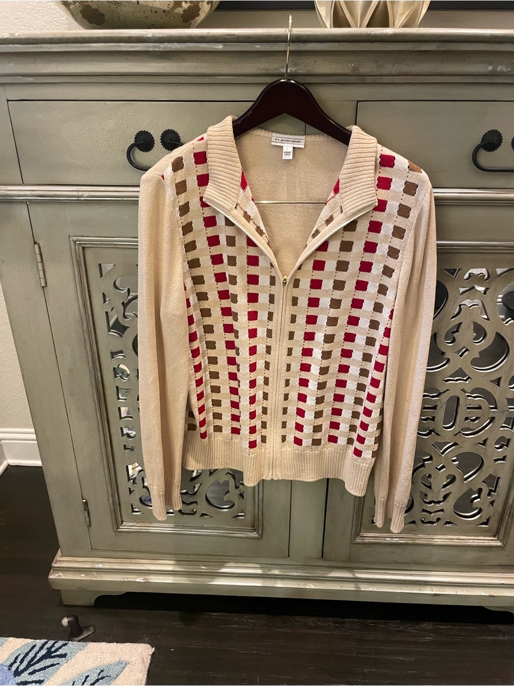 St John Women's Beige Zip-Front Sweater with Red and Brown Grid Pattern